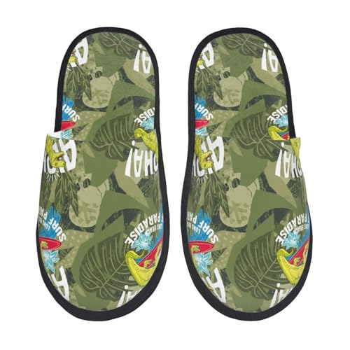 Kuilepa Hausschuhe für Damen, Motiv: Surf-Dinosaurier-Druck, flauschig, für drinnen und draußen, Winter, Schwarz, 6-8.5 Women/6-8 Men von Kuilepa