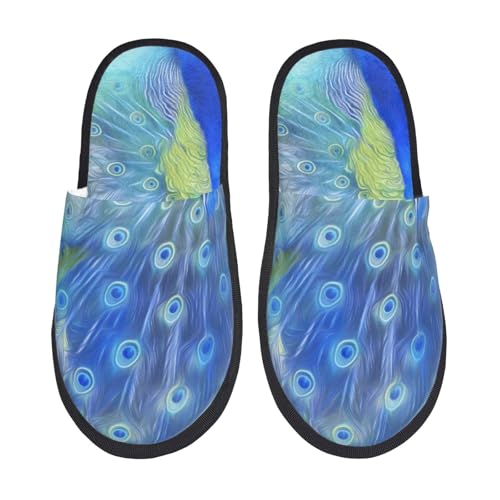 Kuilepa Hausschuhe für Damen, Pfauenmuster, flauschig, für drinnen und draußen, Winter, Schwarz, 6-8.5 Women/6-8 Men von Kuilepa