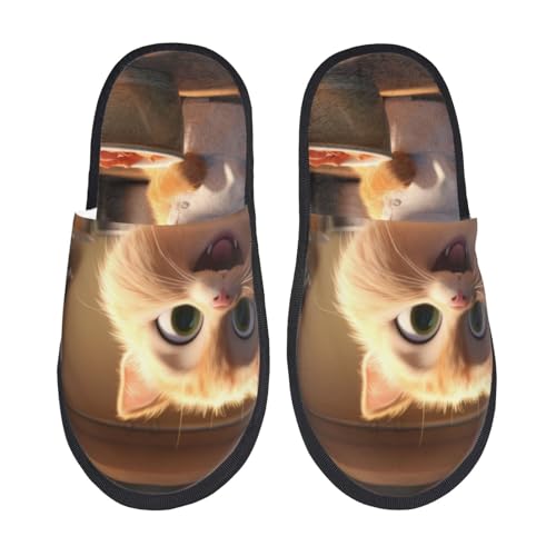 Kuilepa Hausschuhe mit Cartoon-Katzen-Aufdruck, flauschig, für drinnen und draußen, Winterhausschuhe, Schwarz, 6-8.5 Women/6-8 Men von Kuilepa