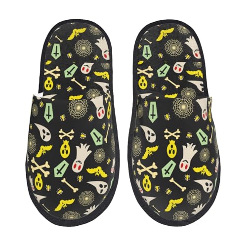 Kuilepa Hausschuhe mit Cartoon-Totenkopf-Spinnennetz-Druck, flauschig, für drinnen und draußen, Winter, Schwarz, 6-8.5 Women/6-8 Men von Kuilepa