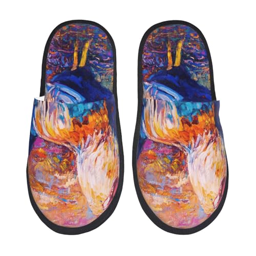 Kuilepa Hausschuhe mit Hahn-Ölgemälde-Druck, flauschiger Slipper, für drinnen und draußen, Winter, Schwarz, 6-8.5 Women/6-8 Men von Kuilepa