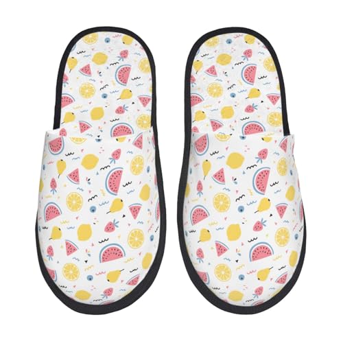 Kuilepa Hausschuhe mit tropischem Obstdruck, flauschig, für drinnen und draußen, Winter, Schwarz, 6-8.5 Women/6-8 Men von Kuilepa