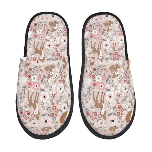 Kuilepa Herbst-Blumen-Hirsch-Druck, flauschig, für drinnen und draußen, Winterhausschuhe, Schwarz, 6-8.5 Women/6-8 Men von Kuilepa