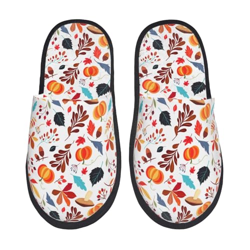 Kuilepa Herbst-Kürbisse, Herbst-Blätter-Druck, flauschige Slipper, für drinnen und draußen, Winterhausschuhe, Schwarz, 6-8.5 Women/6-8 Men von Kuilepa