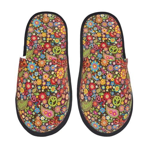 Kuilepa Hippie Damen Hausschuhe Peace Love Print Fuzzy Slip On Indoor Outdoor Winter Haus Hausschuhe von Kuilepa