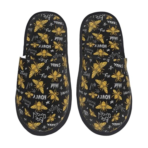Kuilepa Hohey Bee Hausschuhe für Damen, mit goldener Stickerei, flauschig, für drinnen und draußen, Schwarz, 6-8.5 Women/6-8 Men von Kuilepa