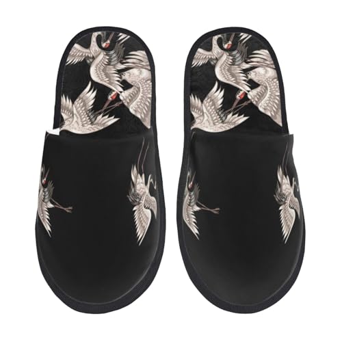 Kuilepa Japanischer weißer Kranichdruck für Damen, flauschig, für drinnen und draußen, Winterhausschuhe, Schwarz, 6-8.5 Women/6-8 Men von Kuilepa