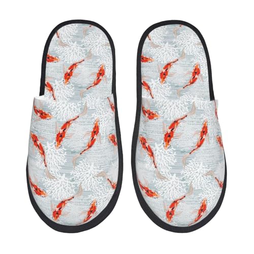 Kuilepa Koi-Fisch-Korallen, Frühling-Sommer-Druck, flauschige Slipper, für drinnen und draußen, Winterhausschuhe, Schwarz, 6-8.5 Women/6-8 Men von Kuilepa