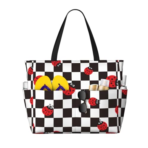 Kuilepa Ladybugs Of Black And White Checkers Print Beach Pool Bags Tote For Women Ladies Large Gym Tote Carry On Bag For Weekender Travel Waterproof Black, One Size von Kuilepa