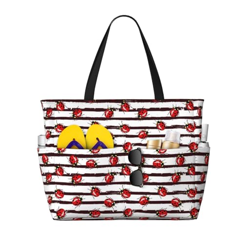 Kuilepa Ladybugs On Black And White Striped1 Print Beach Pool Bags Tote For Women Ladies Large Gym Tote Carry On Bag For Weekender Travel Waterproof, Black, One Size von Kuilepa