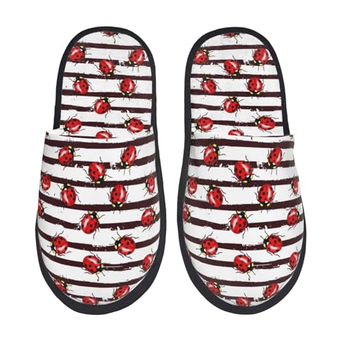 Kuilepa Ladybugs On Black And White Striped1 Print Damen Hausschuhe Fuzzy Slip On Indoor Outdoor Winter Hausschuhe, Schwarz, 6-8.5 Women/6-8 Men von Kuilepa