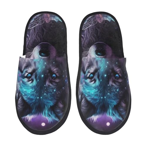 Kuilepa Lila Sky Wolf Print Damen Hausschuhe Fuzzy Slip On Indoor Outdoor Winter Haus Hausschuhe, Schwarz, 6-8.5 Women/6-8 Men von Kuilepa
