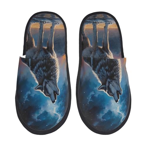 Kuilepa Lonely Night Sky Damen-Hausschuhe, Wolf-Aufdruck, flauschig, für drinnen und draußen, Schwarz, 6-8.5 Women/6-8 Men von Kuilepa