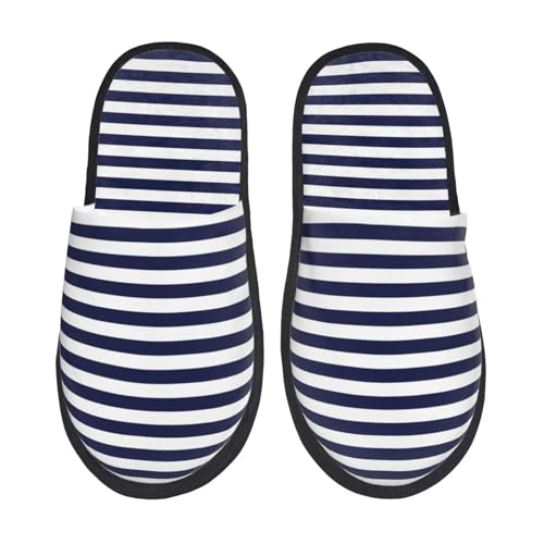 Kuilepa Marineblaue und weiße Streifen-Druck-Damen-Slipper, für drinnen und draußen, Winterhausschuhe von Kuilepa