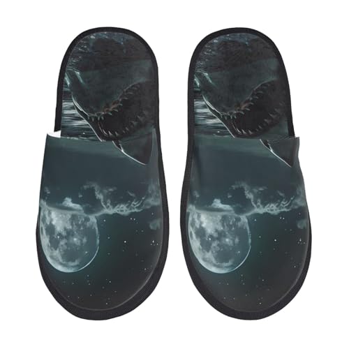 Kuilepa Moonlit Night Sky Shark Print Damen Hausschuhe Fuzzy Slip On Indoor Outdoor Winter Haus Hausschuhe, Schwarz, 6-8.5 Women/6-8 Men von Kuilepa