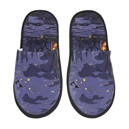 Kuilepa Mystery House Damen-Hausschuhe mit Halloween-Nacht-Aufdruck, flauschig, für drinnen und draußen, Schwarz, 6-8.5 Women/6-8 Men von Kuilepa