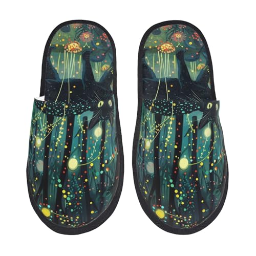 Kuilepa Mystische schwarze Katzen-Hausschuhe mit Glühwürmchen-Aufdruck, flauschig, für drinnen und draußen, Winter, Schwarz, 6-8.5 Women/6-8 Men von Kuilepa