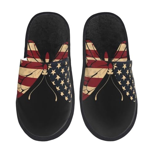 Kuilepa Patriotischer USA-Schmetterling-Kunstdruck für Damen, flauschige Slipper, für drinnen und draußen, Winterhausschuhe, Schwarz, 6-8.5 Women/6-8 Men von Kuilepa