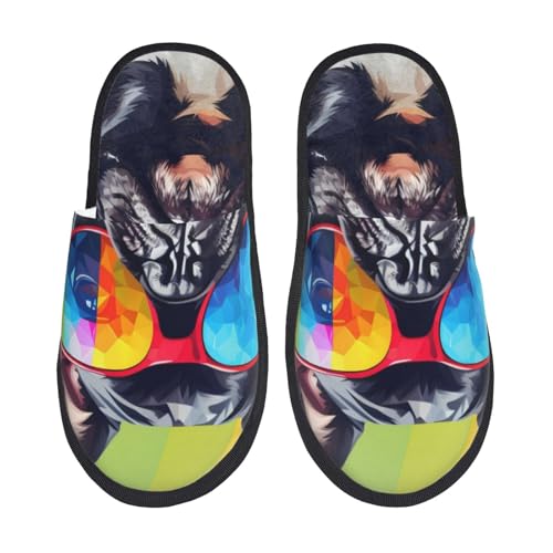 Kuilepa Regenbogen-Bulldoggen-Sonnenbrille, bedruckt, flauschig, für drinnen und draußen, Winter, Haus-Hausschuhe, Schwarz, 6-8.5 Women/6-8 Men von Kuilepa