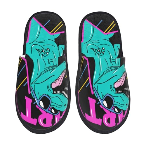 Kuilepa Rex Damen-Hausschuhe mit Dinosauriermotiv und Sonnenbrille, flauschig, für drinnen und draußen, Schwarz, 6-8.5 Women/6-8 Men von Kuilepa