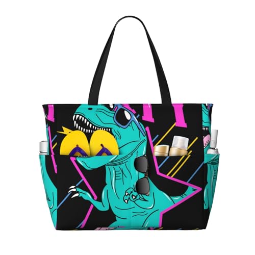 Kuilepa Rex Tragetasche für Damen, Motiv: Dinosaurier mit Sonnenbrille, für Strand, Pool, große Sporttasche, Handgepäcktasche für Wochenendreisen, wasserdicht von Kuilepa