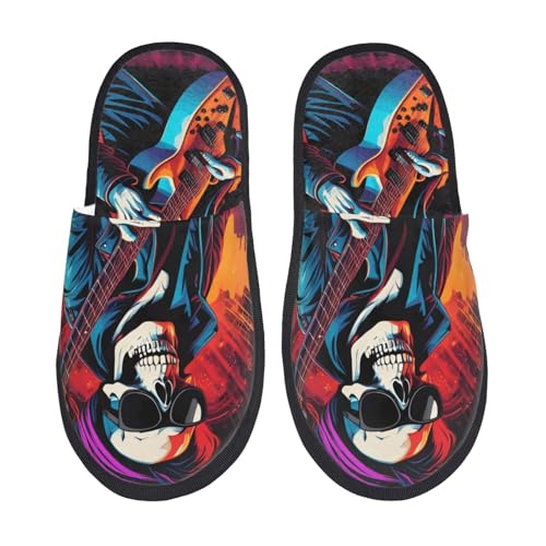 Kuilepa Rock Skull Sänger Print Damen Hausschuhe Fuzzy Slip On Indoor Outdoor Winter Haus Hausschuhe, Schwarz, 6-8.5 Women/6-8 Men von Kuilepa