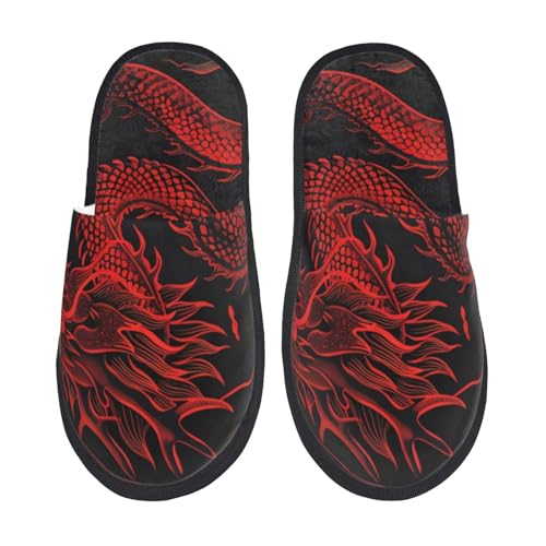 Kuilepa Roter Drache auf schwarzem Druck, flauschiger Slipper, für drinnen und draußen, Winterhausschuhe, Schwarz, 6-8.5 Women/6-8 Men von Kuilepa