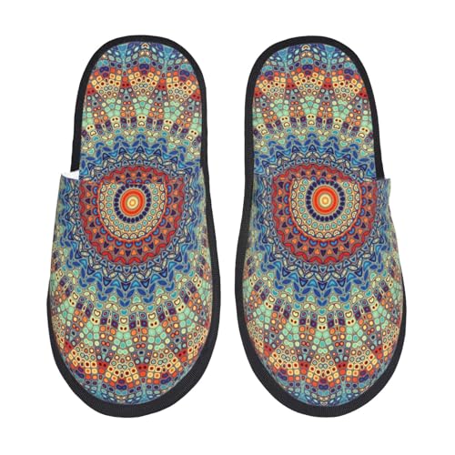 Kuilepa Runde Hausschuhe für Damen, Mandala-Druck, flauschig, für drinnen und draußen, Winter, Schwarz, 6-8.5 Women/6-8 Men von Kuilepa