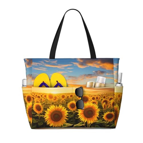 Kuilepa Schöne goldene Sonnenblumenfelddruck-Tasche für Damen, große Sporttasche, Tragetasche für Wochenendreisen, wasserdicht von Kuilepa