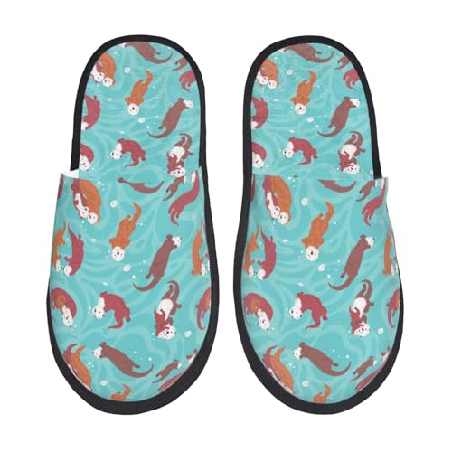 Kuilepa Sea Otters Family In Blue Water Print Damen Hausschuhe Fuzzy Slip On Indoor Outdoor Winter Haus Hausschuhe, Schwarz, 6-8.5 Women/6-8 Men von Kuilepa