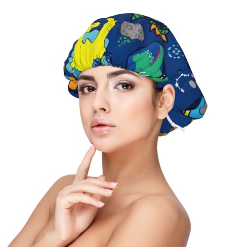 Kuilepa Seidenhaube aus Satin für schlafende Frauen und Männer, doppellagige Haarhaube für lockiges Zöpfe, Haare (Dinosaurier im Weltraum) von Kuilepa