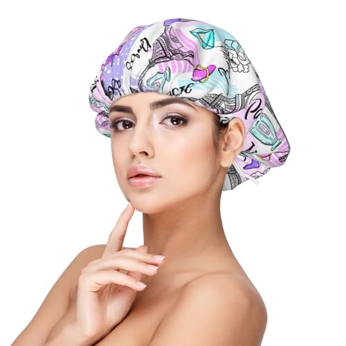 Kuilepa Seidenhaube aus Satin für schlafende Frauen und Männer, doppellagige Haarhaube für lockiges Zopfhaar (Eiffelturm und Herzen) von Kuilepa