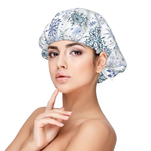Kuilepa Seidenhaube aus Satin für schlafende Frauen und Männer, doppellagige Haarhaube für lockiges Zopfhaar (Retro-Eisblaue Schneeflocken) von Kuilepa