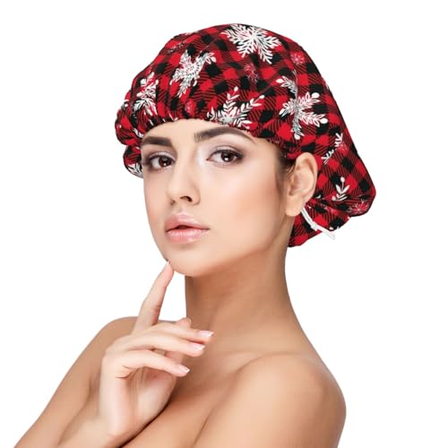 Kuilepa Seidenhaube aus Satin für schlafende Frauen und Männer, doppellagige Haarhaube für lockiges Zopfhaar (Schneeflocken auf Büffelkaro Weihnachten) von Kuilepa