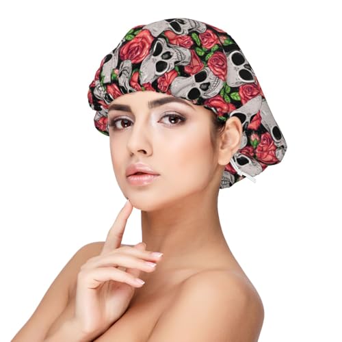 Kuilepa Seidenhaube aus Satin für schlafende Frauen und Männer, doppellagige Haarhaube für lockiges Zopfhaar (Totenkopf und Rosen) von Kuilepa