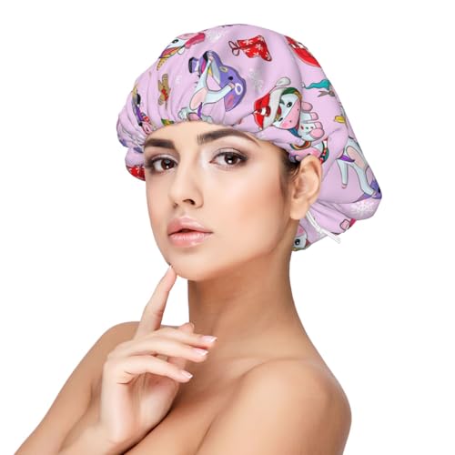 Kuilepa Seidenhaube aus Satin für schlafende Frauen und Männer, doppellagige Haarhaube für lockiges Zopfhaar (Weihnachts-Einhörner) von Kuilepa