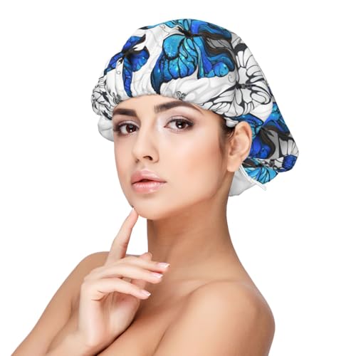 Kuilepa Seidenhaube aus Satin für schlafende Frauen und Männer, doppellagige Haarhaube für lockiges Zopfhaar (blaue fliegende Schmetterlinge) von Kuilepa