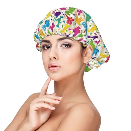 Kuilepa Seidenhaube aus Satin für schlafende Frauen und Männer, doppellagige Haarhaube für lockiges Zopfhaar (bunte Dinosaurier) von Kuilepa