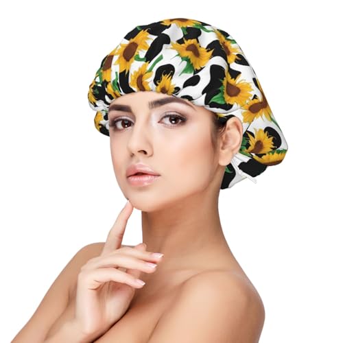 Kuilepa Seidenhaube aus Satin für schlafende Frauen und Männer, doppellagige Haarhaube für lockiges Zopfhaar (niedlicher Kuh-Aufdruck, Sonnenblume) von Kuilepa