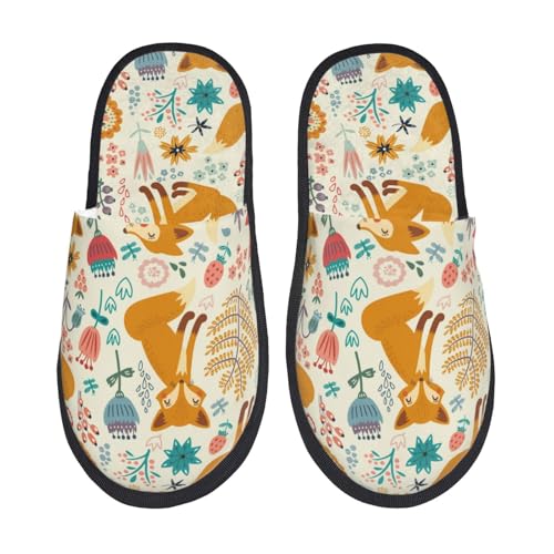 Kuilepa Skurrile Fuchs-Blumen-Garten-Print für Damen, flauschig, für drinnen und draußen, Winterhausschuhe, Schwarz, 6-8.5 Women/6-8 Men von Kuilepa
