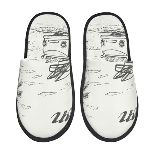 Kuilepa Sommerurlaubsszene mit Camping-Van-Druck, flauschige Slipper, für drinnen und draußen, Winterhausschuhe, Schwarz, 6-8.5 Women/6-8 Men von Kuilepa