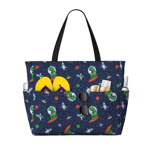 Kuilepa Strandtasche für Damen, Motiv: Dinosaurier-Astronauten-Druck, große Sporttasche, Tragetasche für Wochenendreisen, wasserdicht, Schwarz, Einheitsgröße von Kuilepa