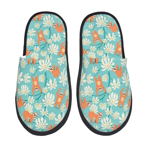 Kuilepa Süße Faultier auf floralem Baumdruck für Damen, flauschige Slipper, für drinnen und draußen, Winterhausschuhe, Schwarz, 6-8.5 Women/6-8 Men von Kuilepa