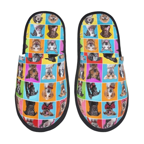 Kuilepa Süße Hunde-Hausschuhe für Damen, Collagenaufdruck, flauschig, für drinnen und draußen, Winter, Schwarz, 6-8.5 Women/6-8 Men von Kuilepa