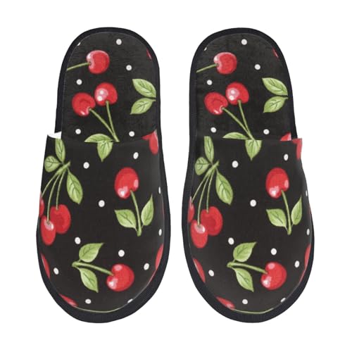 Kuilepa Süße rote Kirsch-Print Damen Hausschuhe Fuzzy Slip On Indoor Outdoor Winter Haus Hausschuhe, Schwarz, 6-8.5 Women/6-8 Men von Kuilepa