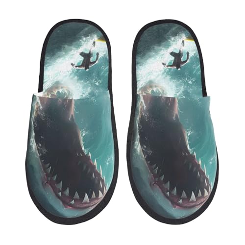 Kuilepa Surfing Shark Print Damen Hausschuhe Fuzzy Slip On Indoor Outdoor Winter Haus Hausschuhe, Schwarz, 6-8.5 Women/6-8 Men von Kuilepa