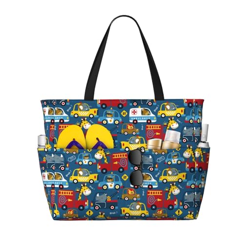 Kuilepa Tragetasche für Damen, Motiv: Fahrzeuge mit lustigen Fahrern, Tierfahrer-Aufdruck, für Damen, große Sporttasche, Handgepäcktasche für Wochenendreisen, wasserdicht, Schwarz, Einheitsgröße von Kuilepa