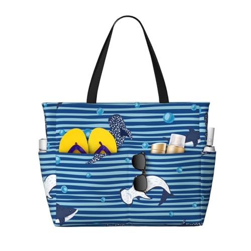 Kuilepa Tragetasche für Damen, Motiv: Haie auf weiß-blauem, gestreiftem Druck, für Damen, große Sporttasche, Tragetasche für Wochenendreisen, wasserdicht von Kuilepa