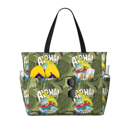 Kuilepa Tragetasche für Damen, Motiv: Surf-Dinosaurier-Druck, für Strand, Pool, große Sporttasche, Handgepäcktasche für Wochenendreisen, wasserdicht von Kuilepa