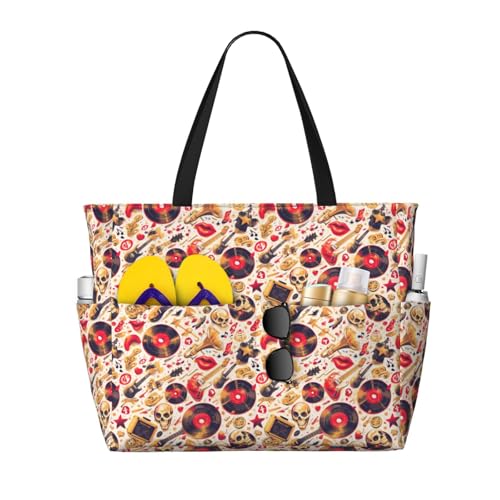 Kuilepa Tragetasche für Damen, Motiv: Totenkopf mit Gitarren-Schallplattenaufdruck, für Damen, große Sporttasche, Tragetasche für Wochenendreisen, wasserdicht, Schwarz, Einheitsgröße von Kuilepa